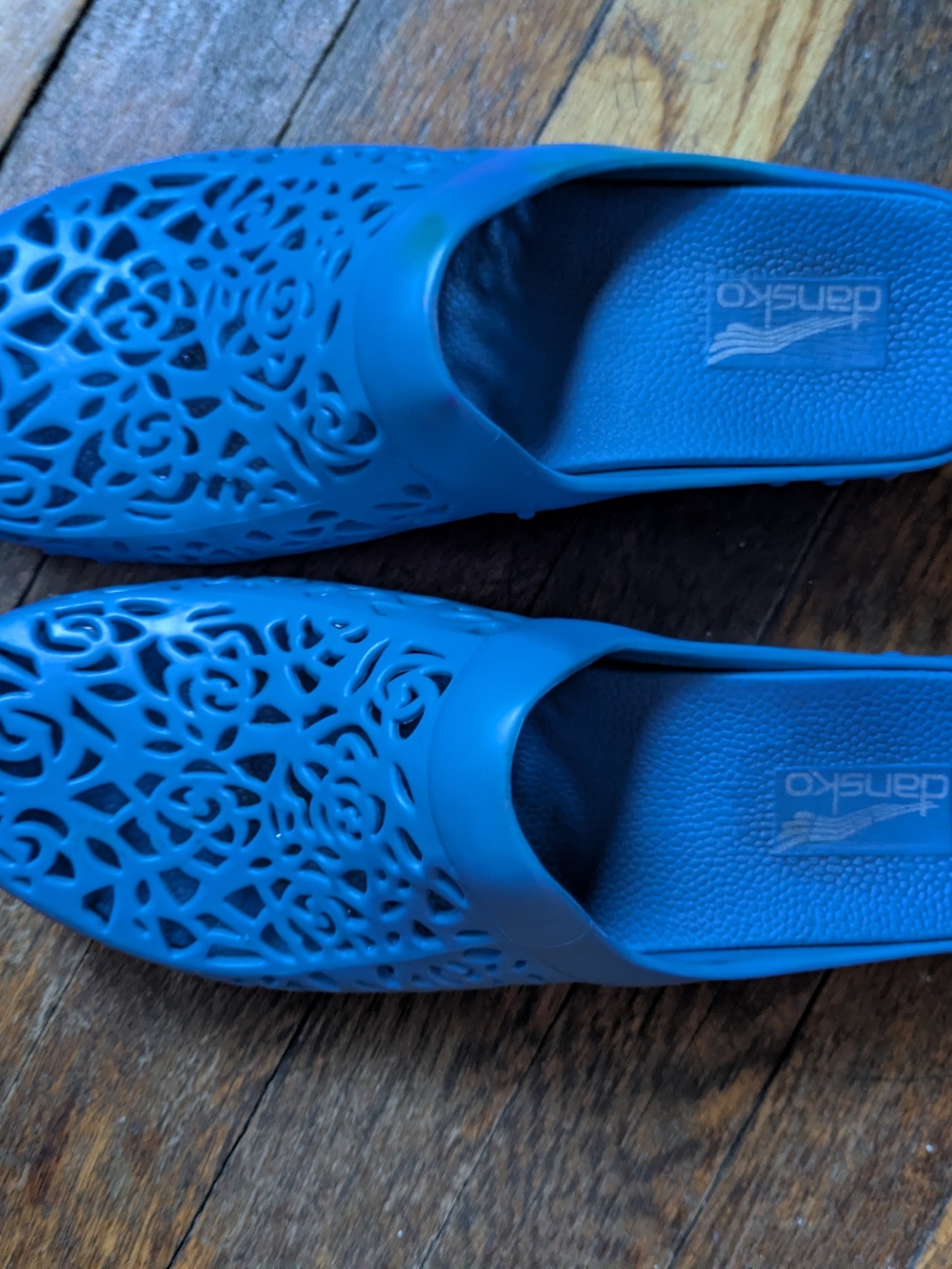 Dansko Women's Blue Slip-On Laser-Cut Mules Dansko PIPPA Blue Clogs Floral Laser